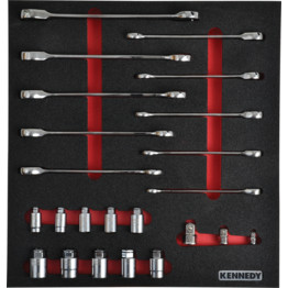 23 Piece Ratchet Combination Spanner Set with Go-Thru™Sockets in Tool Control 2/3 Width Foam Inlay.