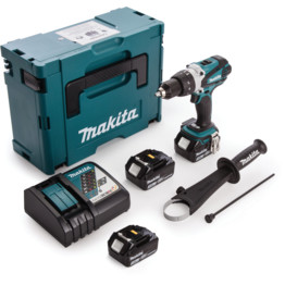 DHP458RF3J 18V LXT Combi Drill, 3x 3.0Ah Batteries, Charger in Makpac Connector Case.