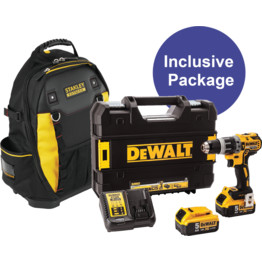 DDCD796P2-GB 18V Brushless Combi Drill, 2x 5.0Ah XR Battery Packs, Charger & TSTAK Kitbox, includes Fatmax Tool Backpack